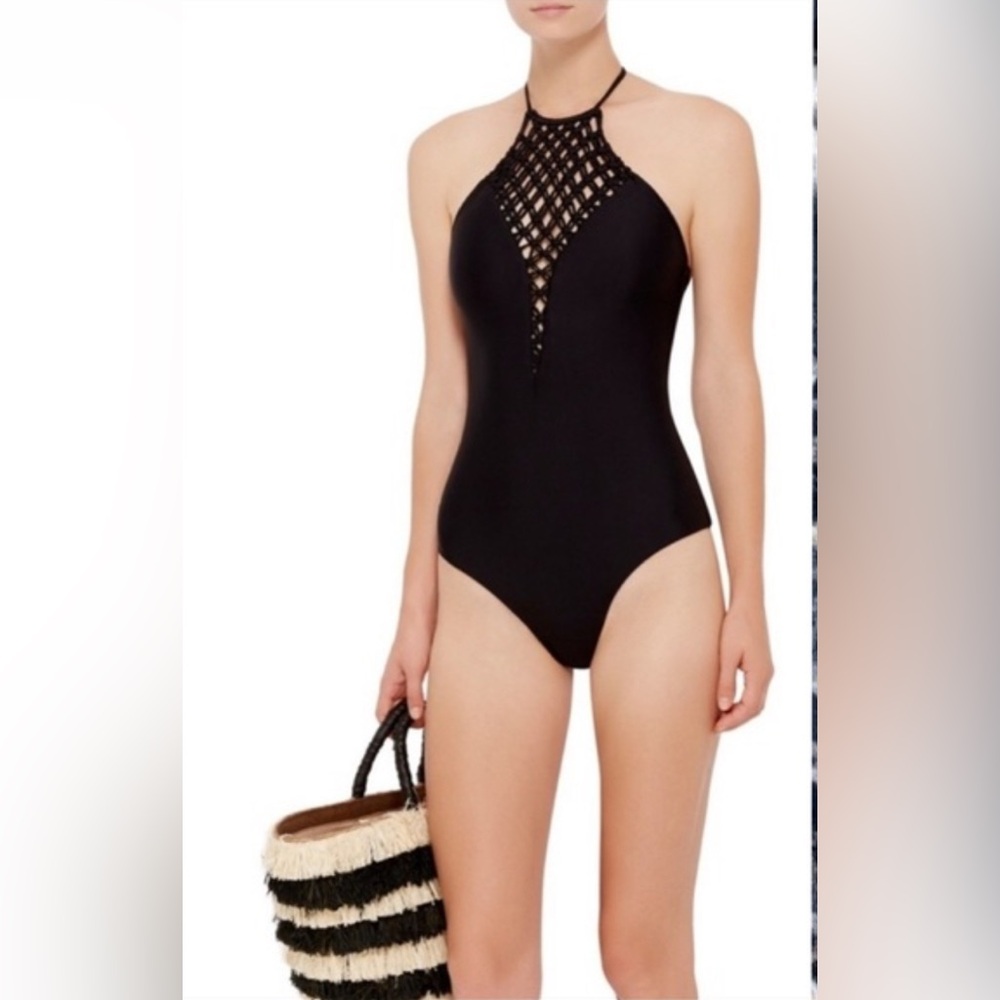 Mikoh Avalon Macrame black Swimsuit high halter neck, cut out back, one piece XL